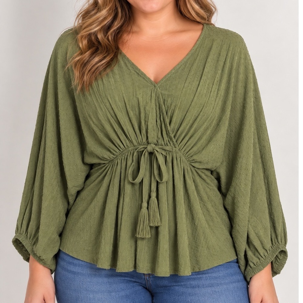 Mustard Seed Medium Olive Green Boho Wrap Blouse Kimono Sleeve Tie Waist Rayon